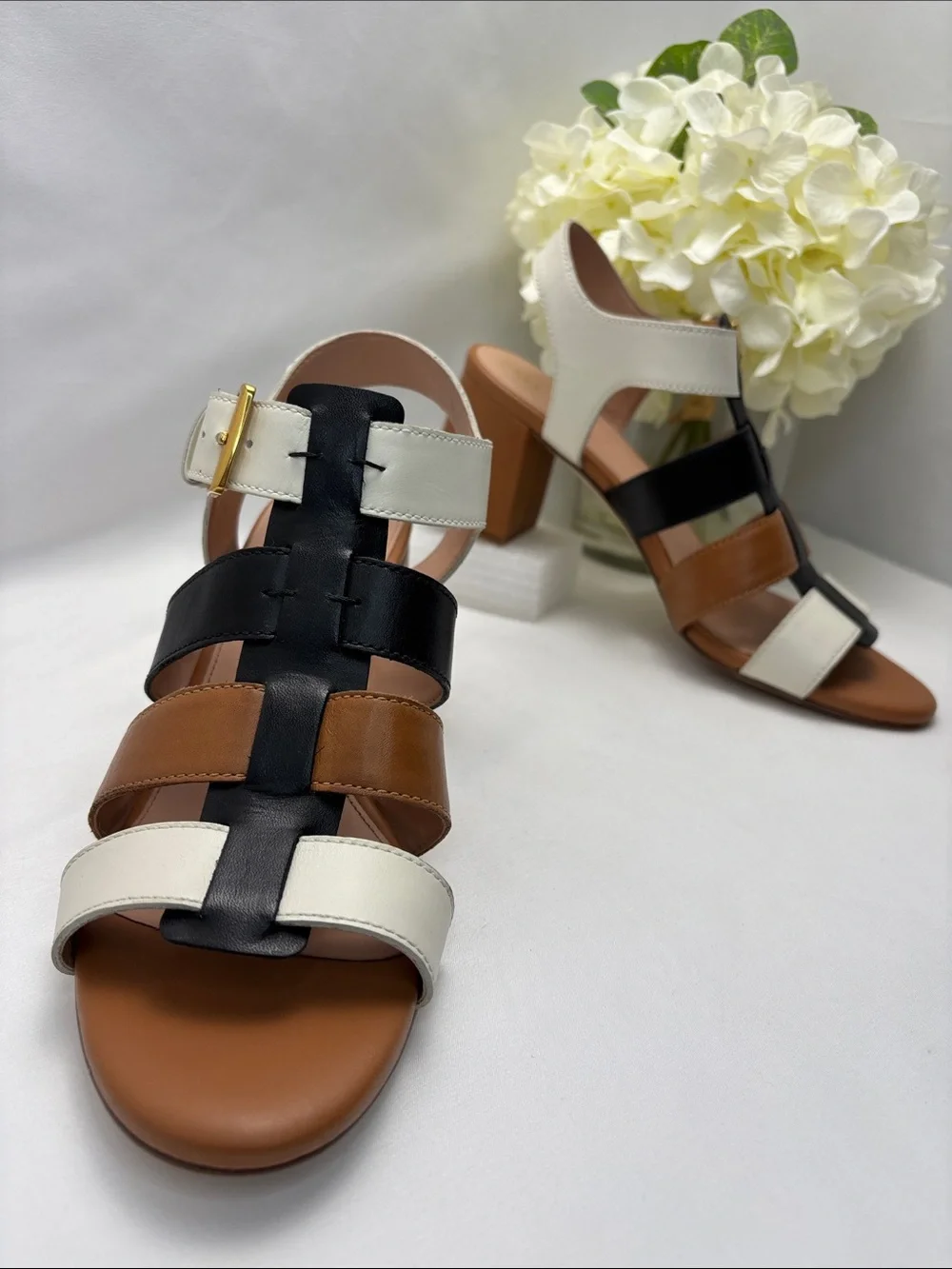 Cole Haan Women’s 9.5 Tri-Panel Leather Block Heel Sandals -Blk,Brn and Wht #462